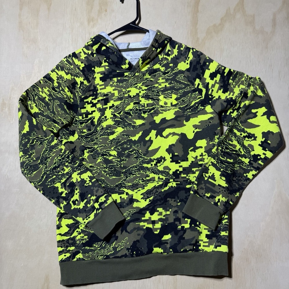 Under Armour Boys YXL 18-20 Hoodie Neon Green Camo Loose Pullover Sweatshirt